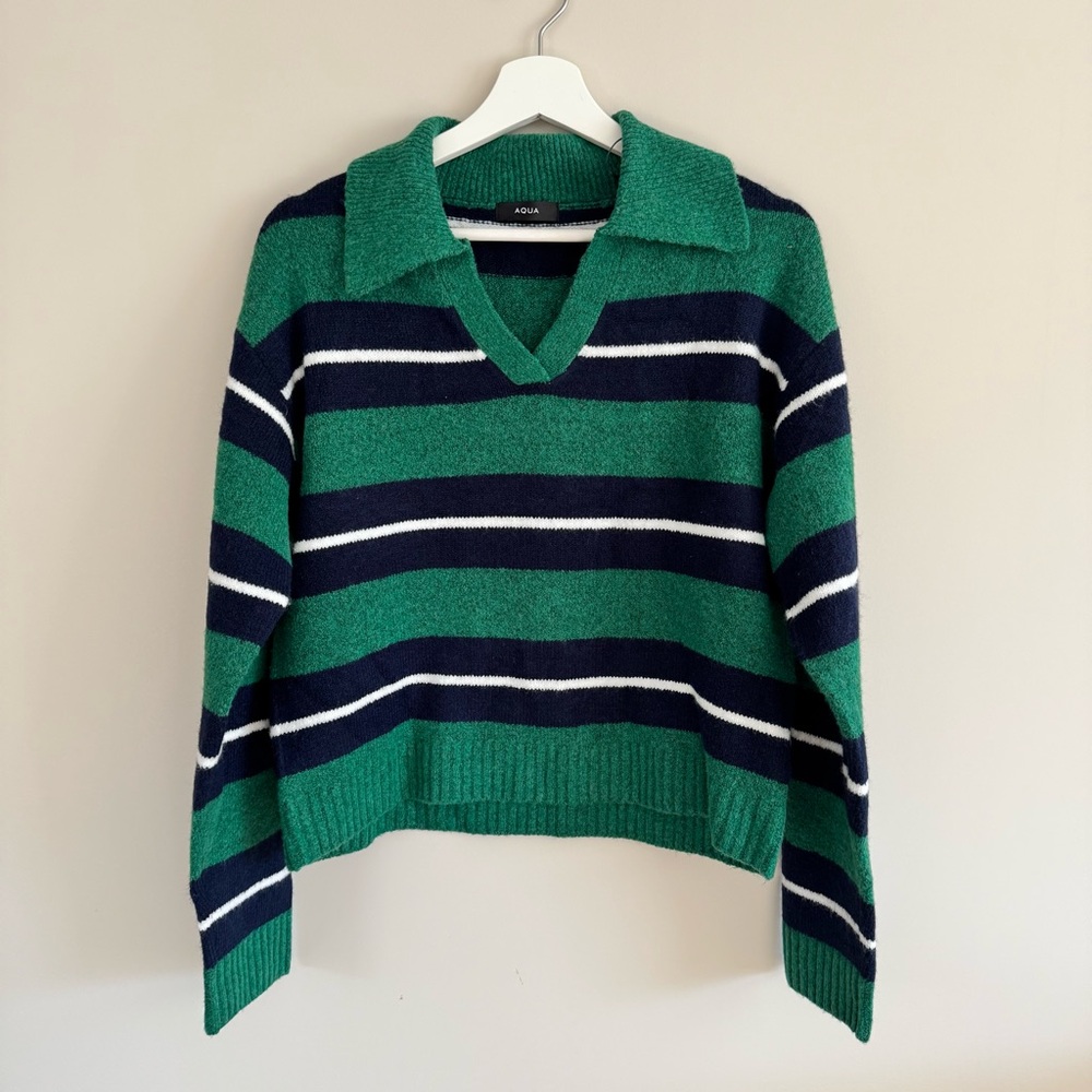 NWT Aqua Striped Polo Sweater - Exclusive In Green Multi size S - Picture 7 of 16